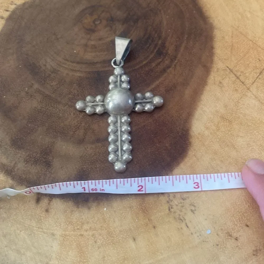 Vintage Taxco Mexico 925 Sterling Silver Large Beaded Ball Cross Pendant